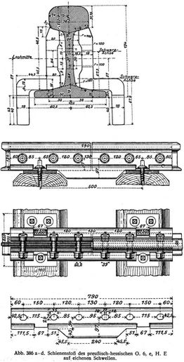 Abb. 386 a–d Schienenstoß des preußisch-hessischen O. 6, e, H. E auf eichenen Schwellen.